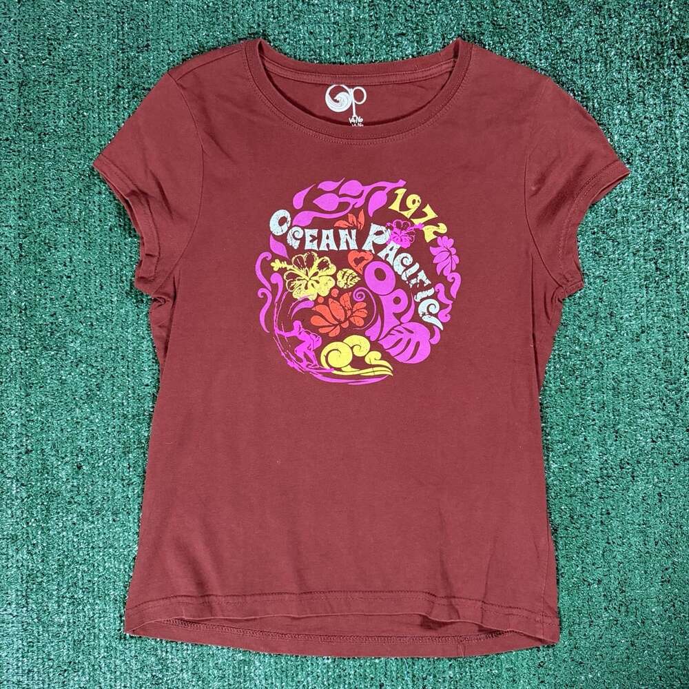 Y2K Ocean Pacific Graphic T-Shirt Womens XS Red Floral Hawaii Surf